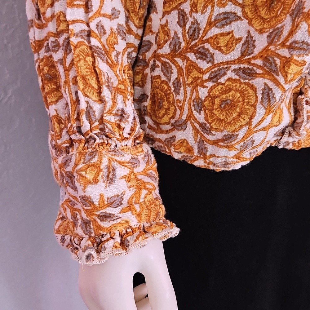 IVY JANE Retro Goldenrod Floral Ruffle Tuxedo Button Down Long Sleeve Shirt - Picture 5 of 9